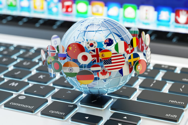 Global internet communication, online messaging and translation concept